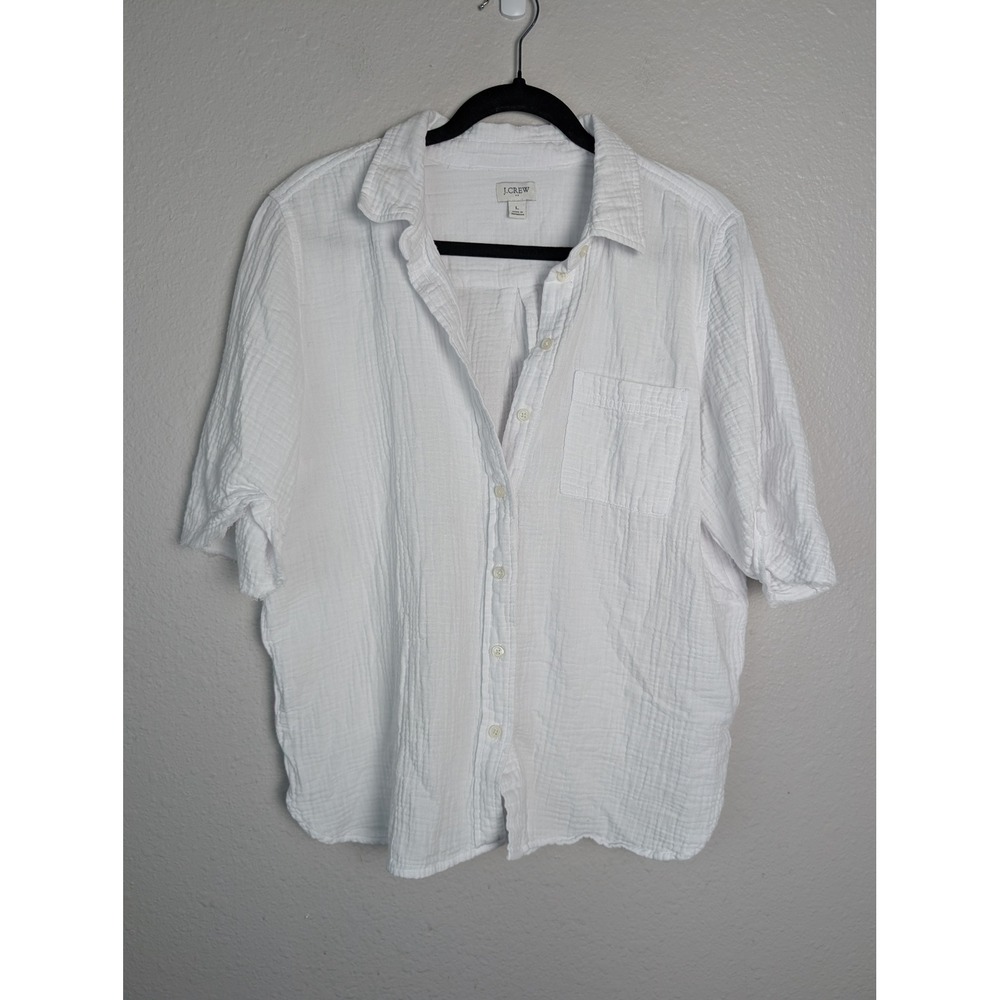 J.Crew Womens White Double Gauze Cotton Short Sleeve Button Down Shirt Large - Picture 3 of 8